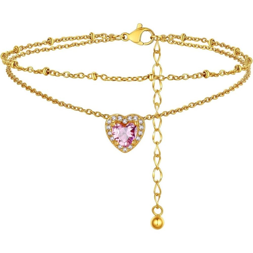 Bling Heart Birthstone Anklets Layered Beaded Ankle Bracelets for Women Gold/Bla